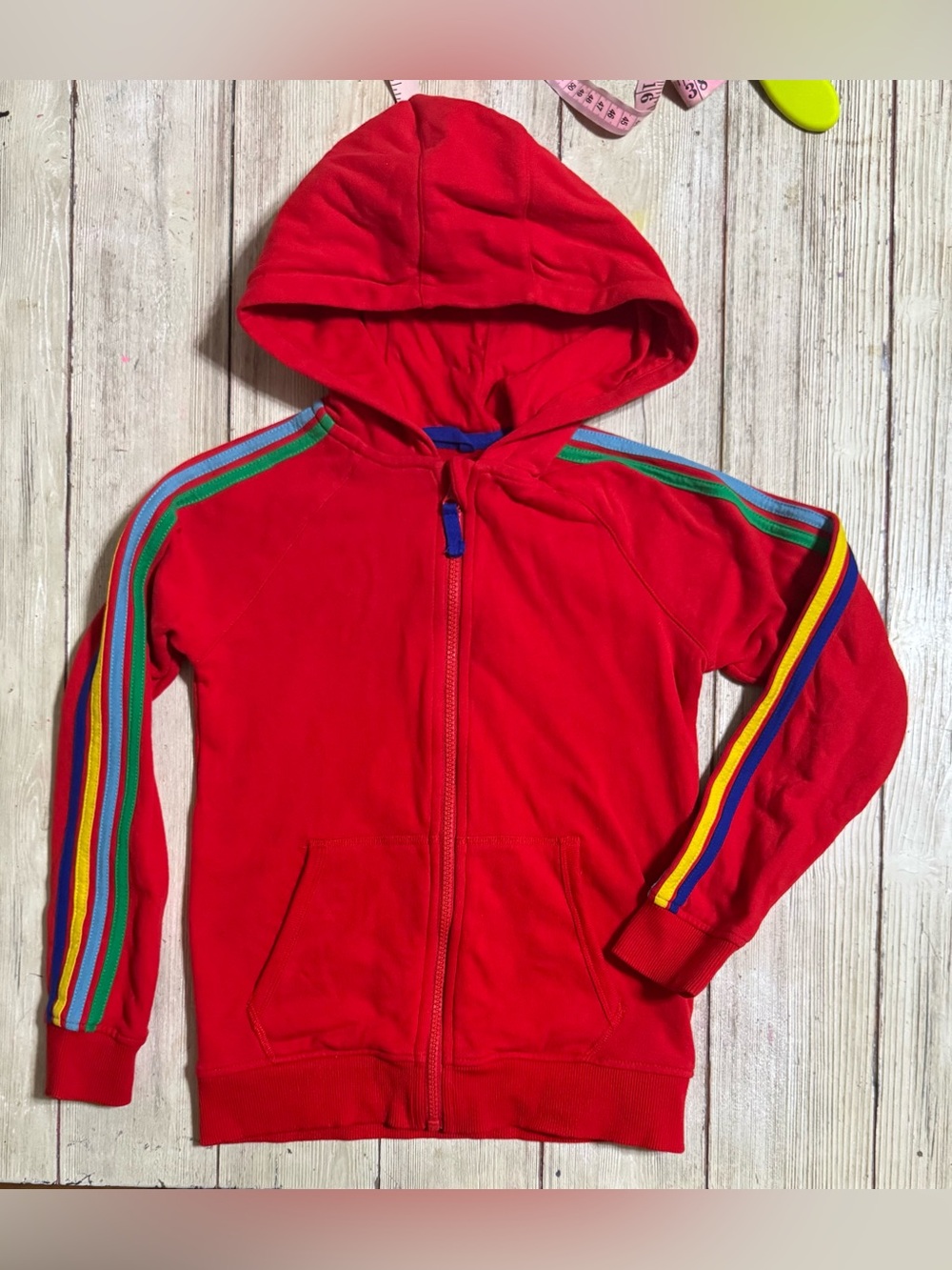 Mini Boden red rainbow stripe zip up hoodie 8-9y
